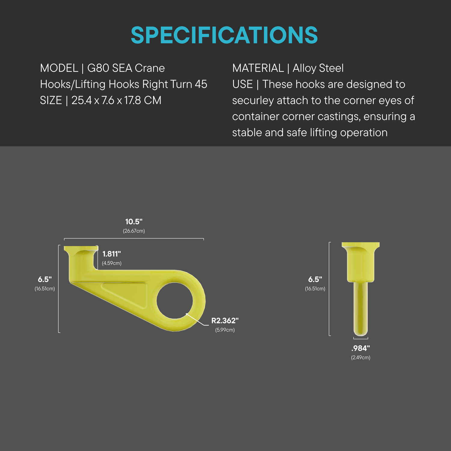 Technical diagram of G80 SEA Crane Hook (Right Turn 45°) in alloy steel, showing front and side views with measurements for container lifting applications using corner castings.