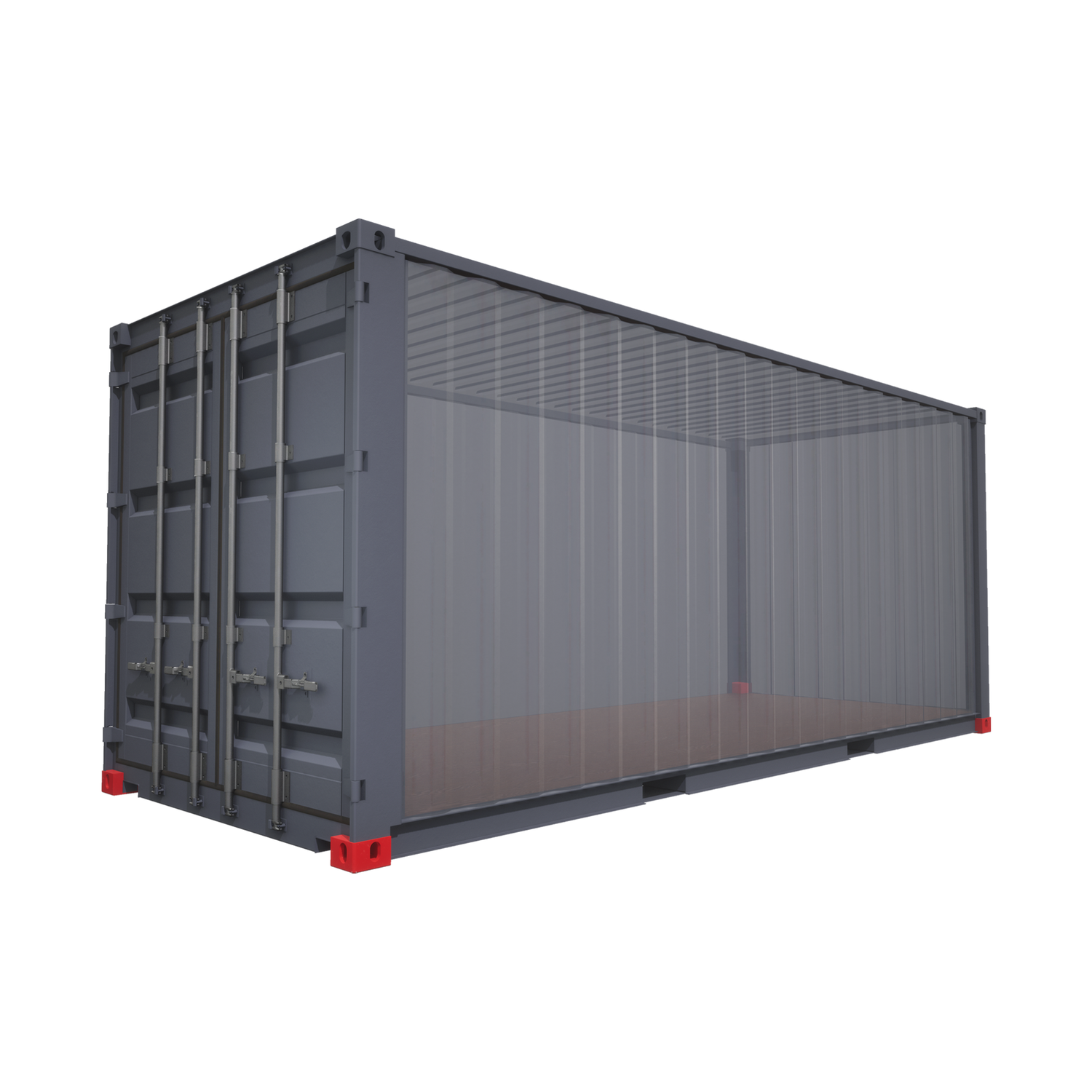 Shipping container with semi-transparent walls showing four red corner castings at the bottom corners, used for securing and lifting according to ISO 1161 standards.
