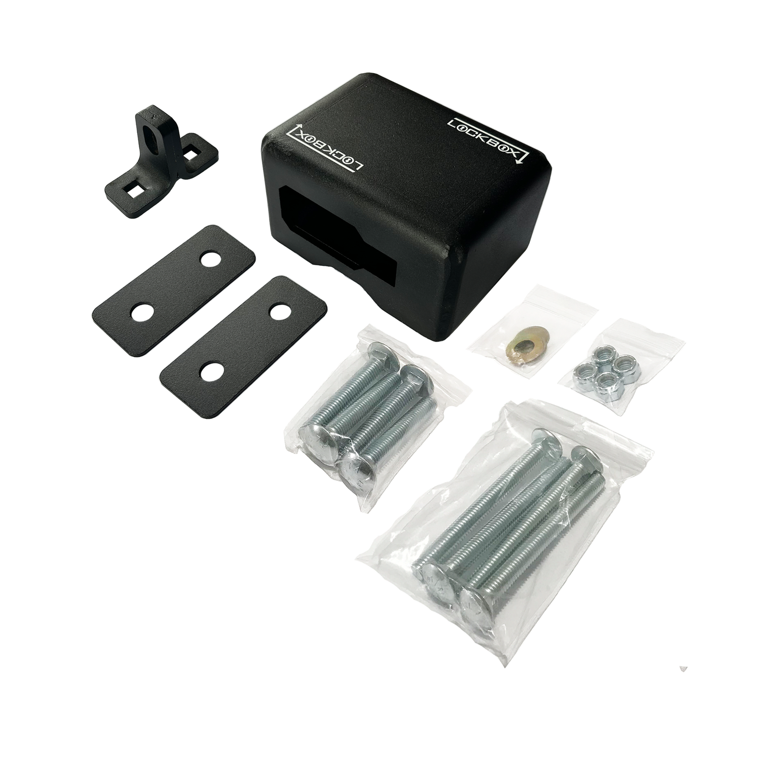 Universal lock box kit with mounting hardware, washer plates, and lock hasp for shipping containers and trailers