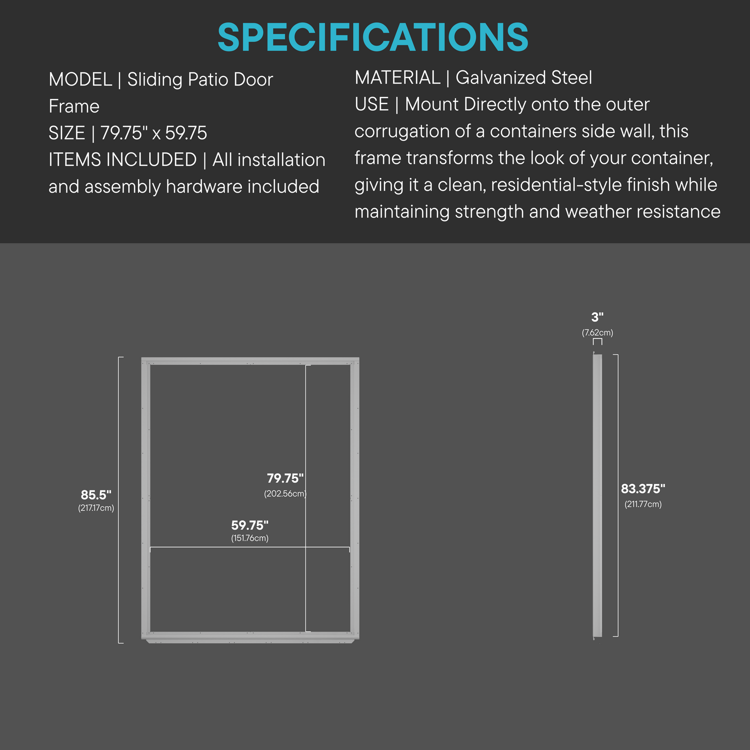 Technical diagram showing dimensions of galvanized steel sliding patio door frame designed specifically for shipping containers