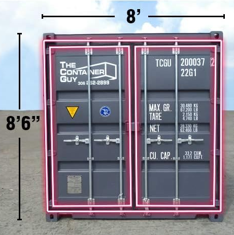 Front view of a standard 8-foot wide by 8-foot 6-inch tall shipping container door, highlighted in pink to show gasket seal area for door frame fitting.