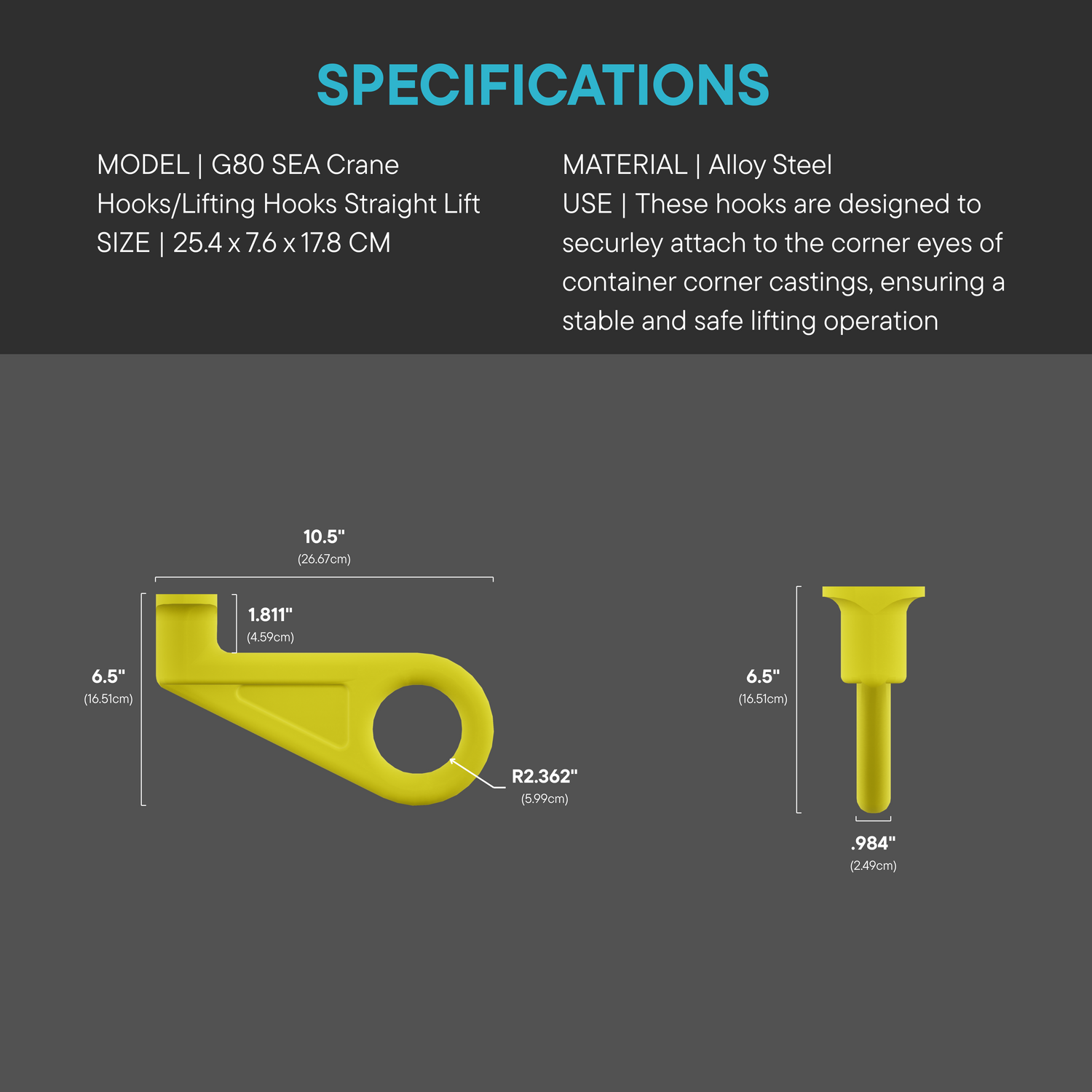 Technical diagram of a G80 SEA Crane Hook (Straight Lift) made from alloy steel, showing front and side views with dimensions 25.4 x 7.6 x 17.8 cm and labeled measurements for secure attachment to container corner castings.