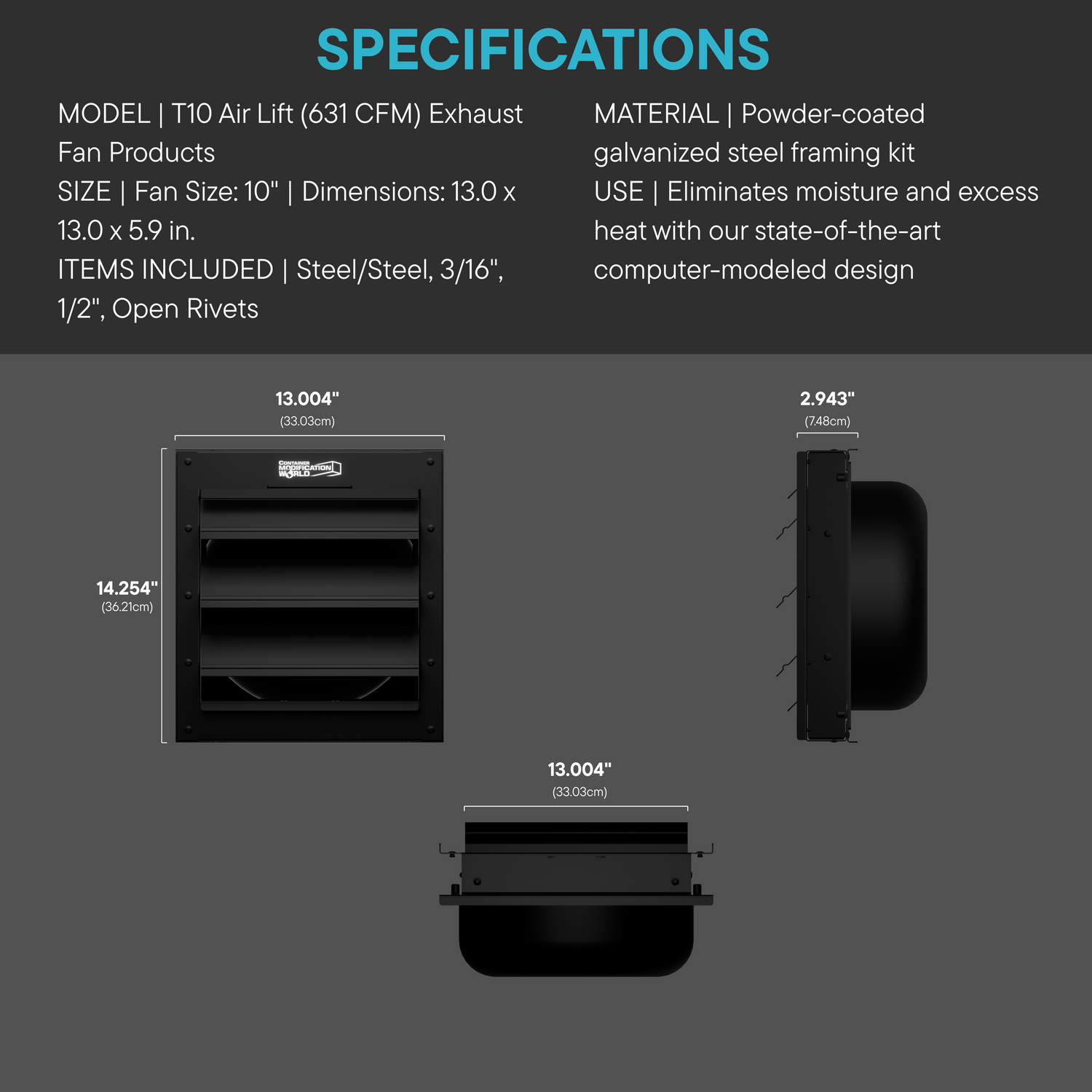 Product specifications for T10 Air Lift exhaust fan on a gray background