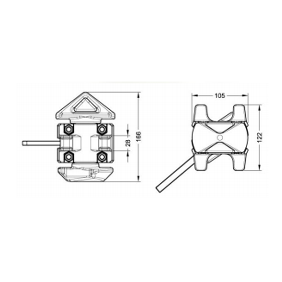 Technical drawing of a shipping container twist lock with dimensions labeled in millimeters (166mm height, 122mm width, 105mm depth); top and side views shown.