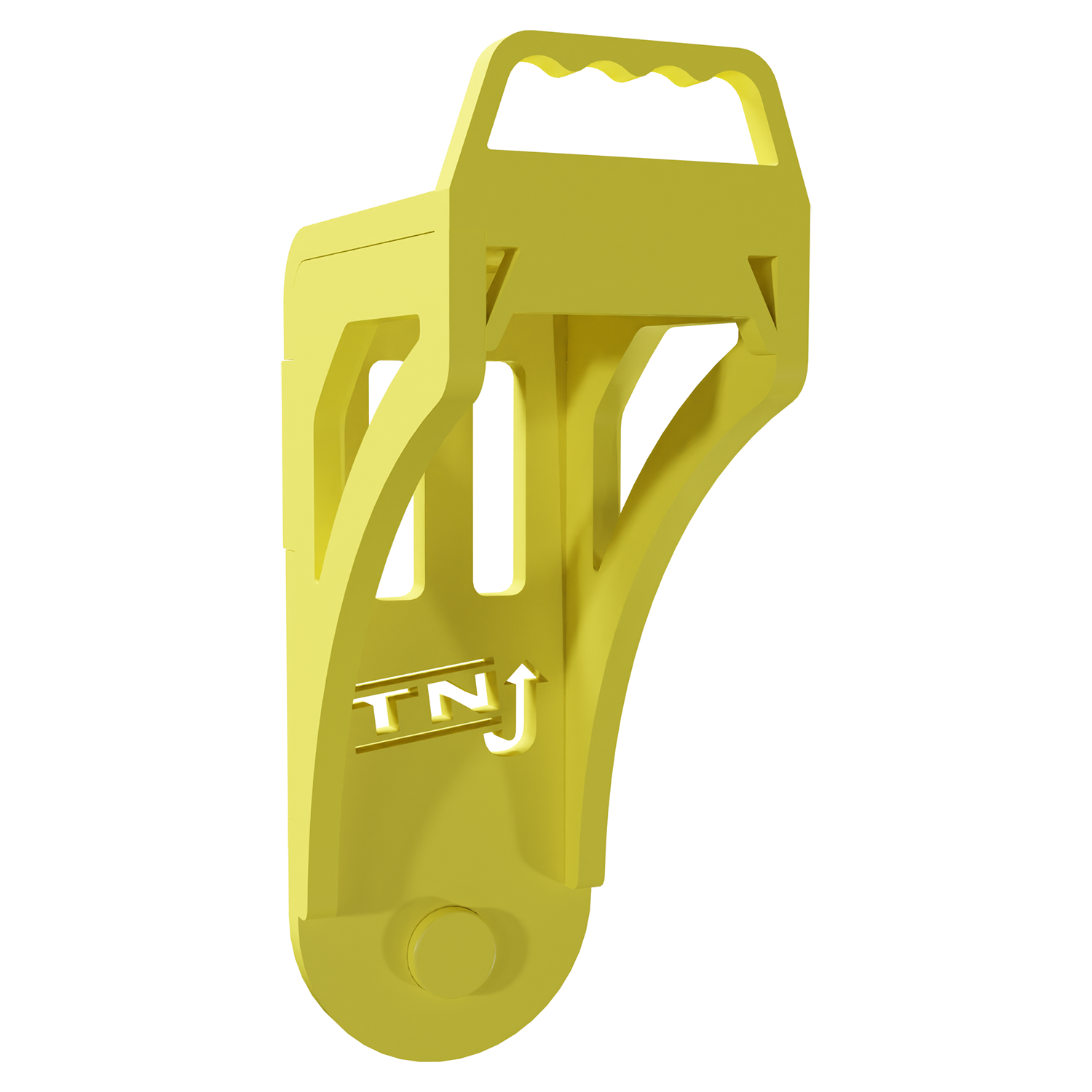 Yellow steel container jacking tool with built-in handle and curved support arms, branded with