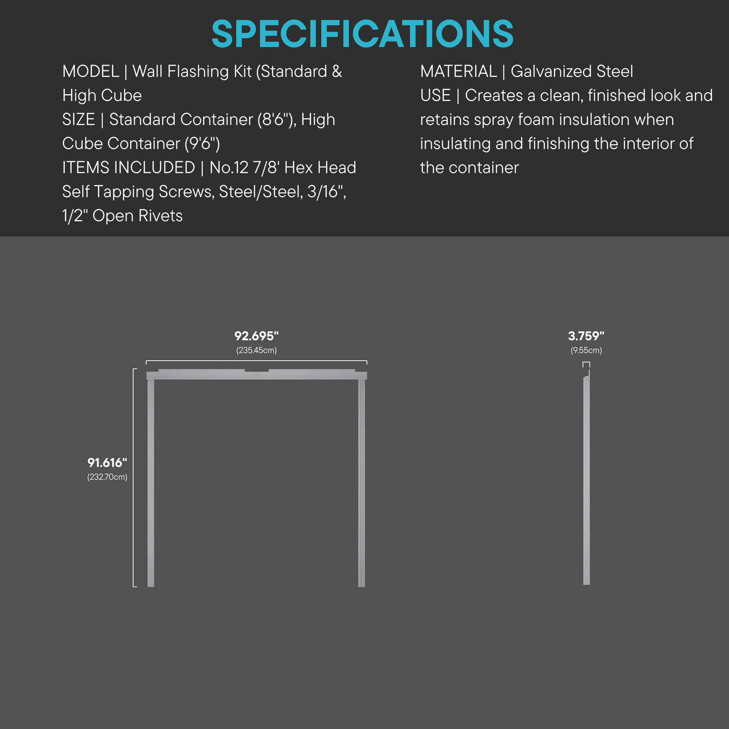 Wall Flashing Kit specifications for standard and high cube shipping containers, featuring galvanized steel construction, included hardware, and detailed measurements for a clean insulation finish.