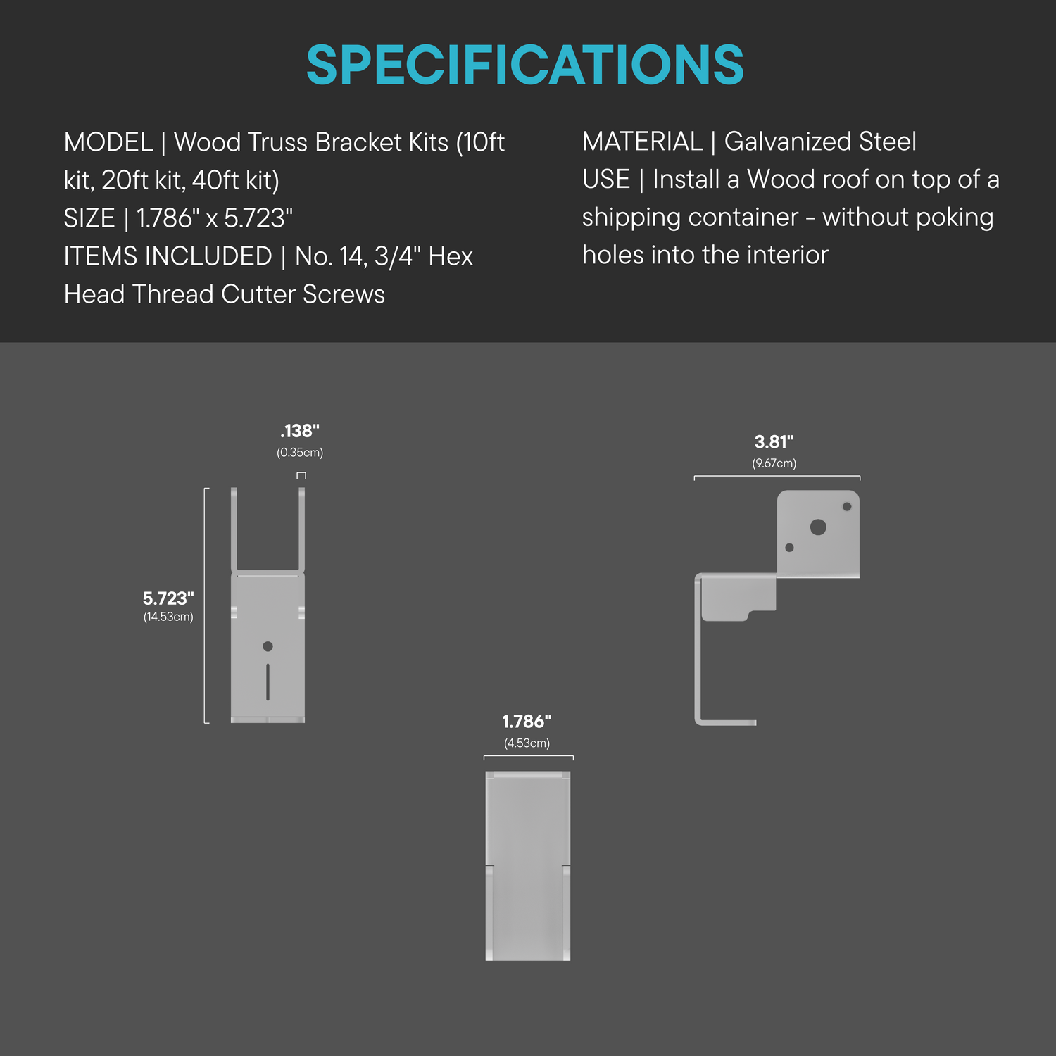 Technical diagram of galvanized steel truss bracket for shipping container wood roof kits with labeled dimensions