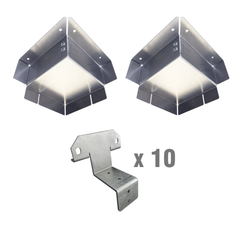 The image shows two corner casting covers made of aluminum, along with text indicating the quantity and type of items included in the kit, i.e.