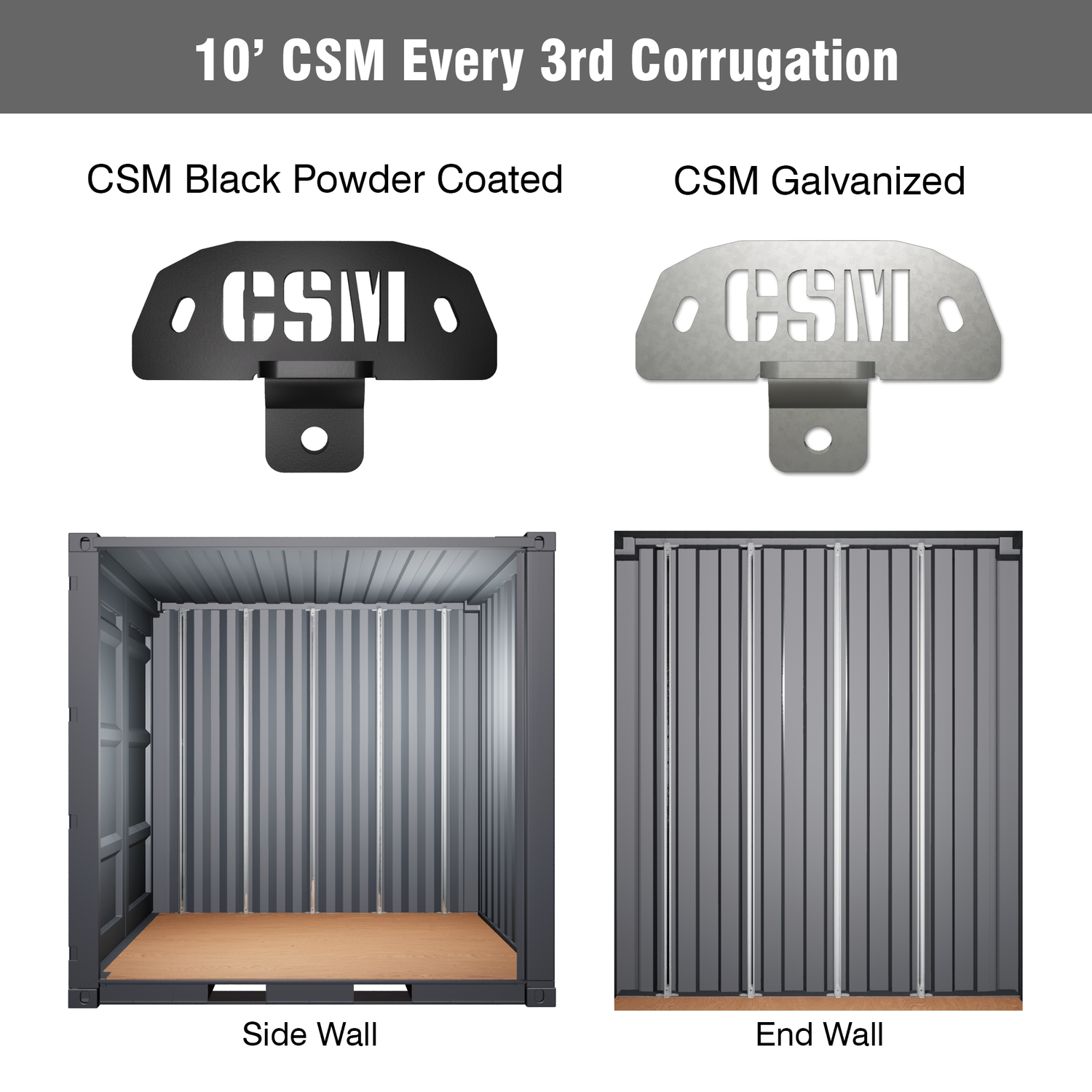 Container Strut Mount (CSM) Brackets for 10' shipping containers, shown in black powder-coated and galvanized finishes, with installation examples on side and end walls using every 3rd corrugation.
