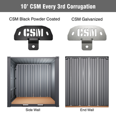 Container Strut Mount (CSM) Brackets for 10' shipping containers, shown in black powder-coated and galvanized finishes, with installation examples on side and end walls using every 3rd corrugation.