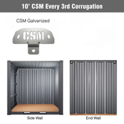Container Strut Mount (CSM) Brackets for 10' shipping containers, shown in black powder-coated and galvanized finishes, with installation examples on side and end walls using every 3rd corrugation.