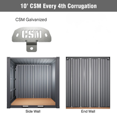 CSM Bracket installation layout for 10' shipping containers using every 4th corrugation, showing black powder coated and galvanized options, with visual examples for sidewall and end wall mounting.
