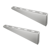 Pair of 18-inch galvanized steel bolt-on shelving brackets for shipping containers, featuring multiple mounting holes for adjustable height and 350 lb load capacity.