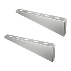 Pair of 18-inch galvanized steel bolt-on shelving brackets for shipping containers, featuring multiple mounting holes for adjustable height and 350 lb load capacity.
