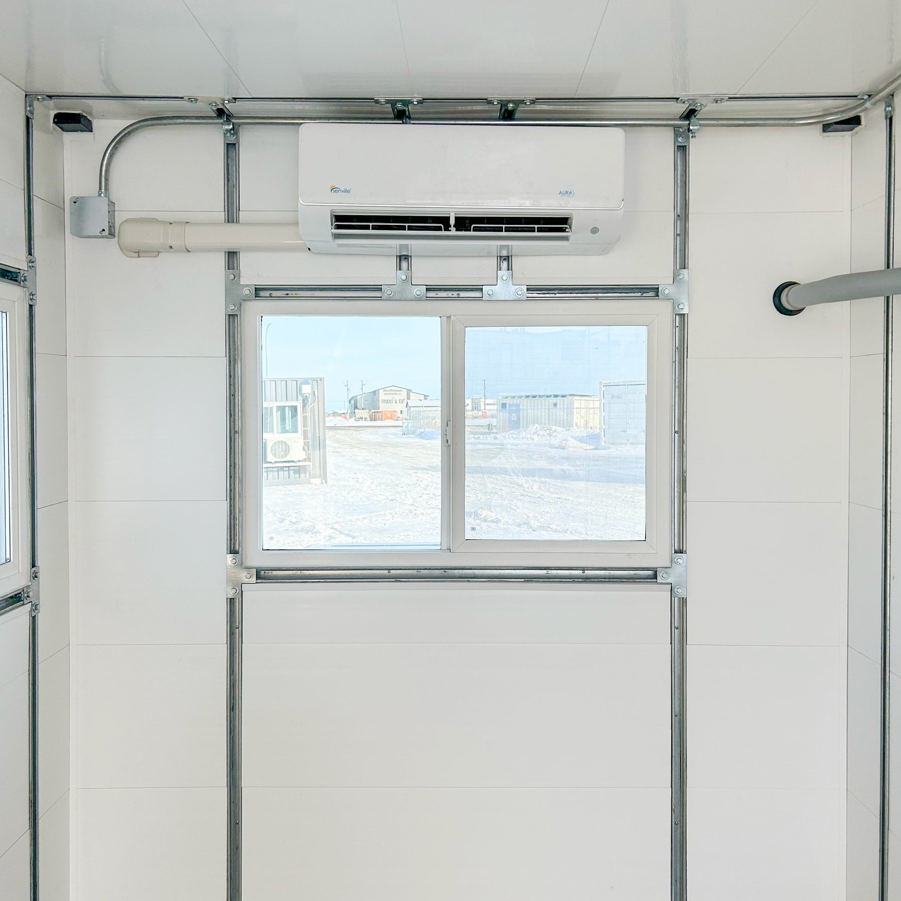 20 foot GLO ground level office site shack interior window and heater