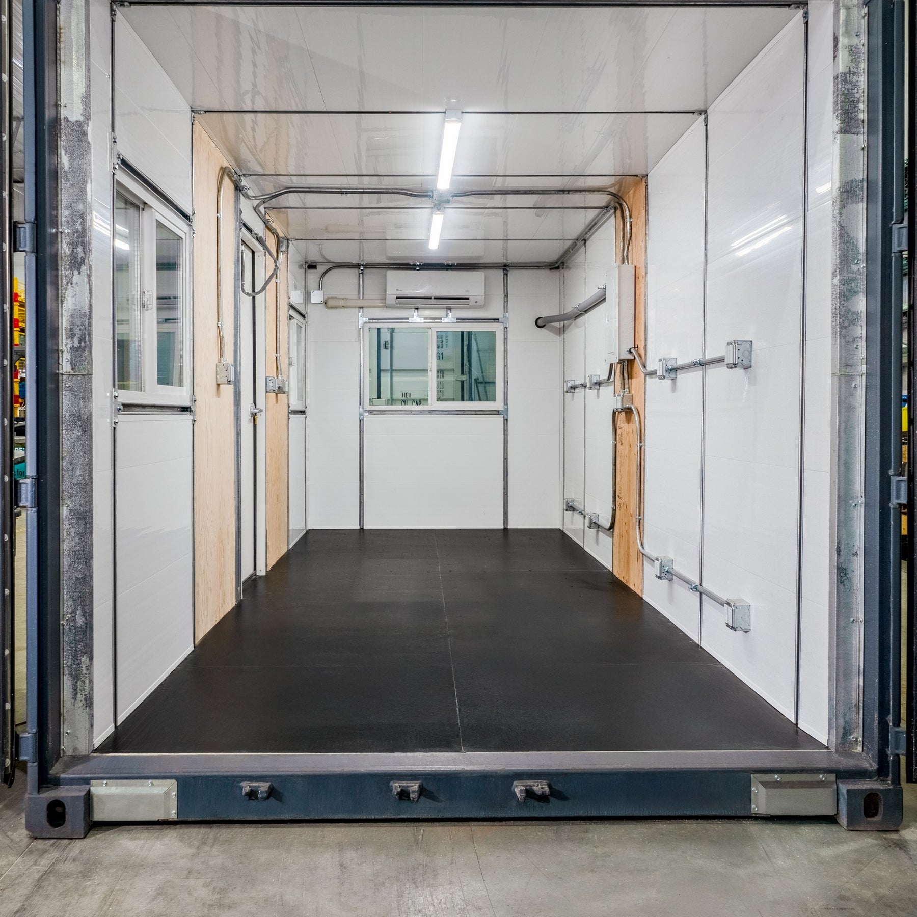 20 foot GLO ground level office container open door interior view