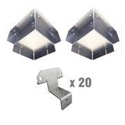 The image shows two corner casting covers made of aluminum, along with text indicating the quantity and type of items included in the kit, i.e.
