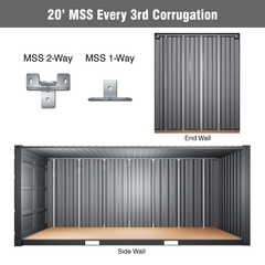 20' Shipping Container Modular Strut System – Galvanized MSS 2-Way and 1-Way Brackets Installed on Every 3rd Corrugation of Side and End Walls