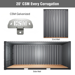 CSM Bracket installation for 20' shipping containers using every corrugation, featuring both black powder coated and galvanized brackets, with sidewall and end wall mounting views