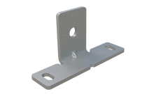 Galvanized wide-base strut mounting bracket with three bolt holes for securing channels inside ISO shipping containers without welding or exterior screws.