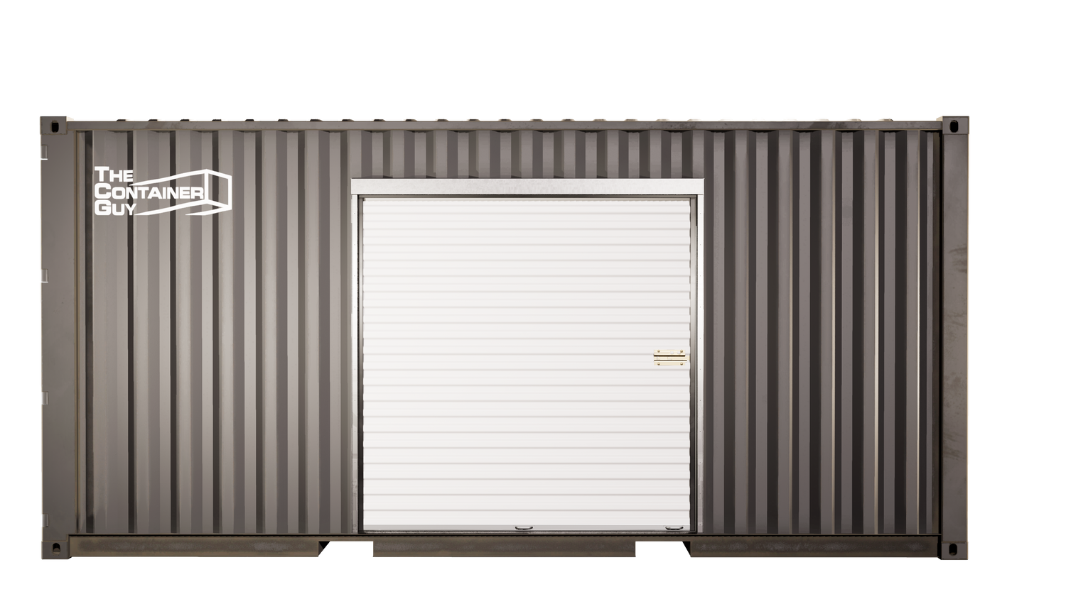 Front view of a high cube shipping container featuring a white roll-up door installed using a galvanized steel framing kit. The door is closed, and the container is branded with 