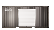 Front view of a high cube shipping container featuring a white roll-up door installed using a galvanized steel framing kit. The door is closed, and the container is branded with "The Container Guy" logo in the upper left corner.