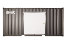 Front view of a high cube shipping container featuring a white roll-up door installed using a galvanized steel framing kit. The door is closed, and the container is branded with "The Container Guy" logo in the upper left corner.