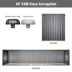 CSM Bracket configuration for 40' shipping containers with installation on every corrugation, featuring both black powder coated and galvanized bracket options with end wall and side wall mounting views