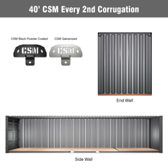 40-foot CSM Bracket installation shown on every second corrugation with black powder coated and galvanized bracket options, featuring end wall and full side wall mounting views inside a shipping container.