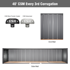 40-foot shipping container with CSM Brackets installed on every third corrugation. Shows both black powder coated and galvanized bracket options, with detailed views of the end wall and full side wall mounting configurations