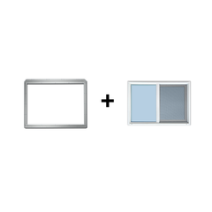 Bundle showing 42" x 30" vinyl sliding window with screen and matching metal mounting frame for shipping container installation.