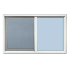 48x30 inch vinyl window with screen for shipping container side wall – white frame, horizontal sliding design, window only option shown.