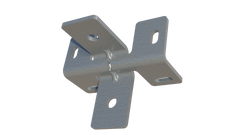 Galvanized steel 4-way cross bracket with multiple bolt holes for securely mounting strut channels in ISO shipping containers without welding or exterior fasteners.