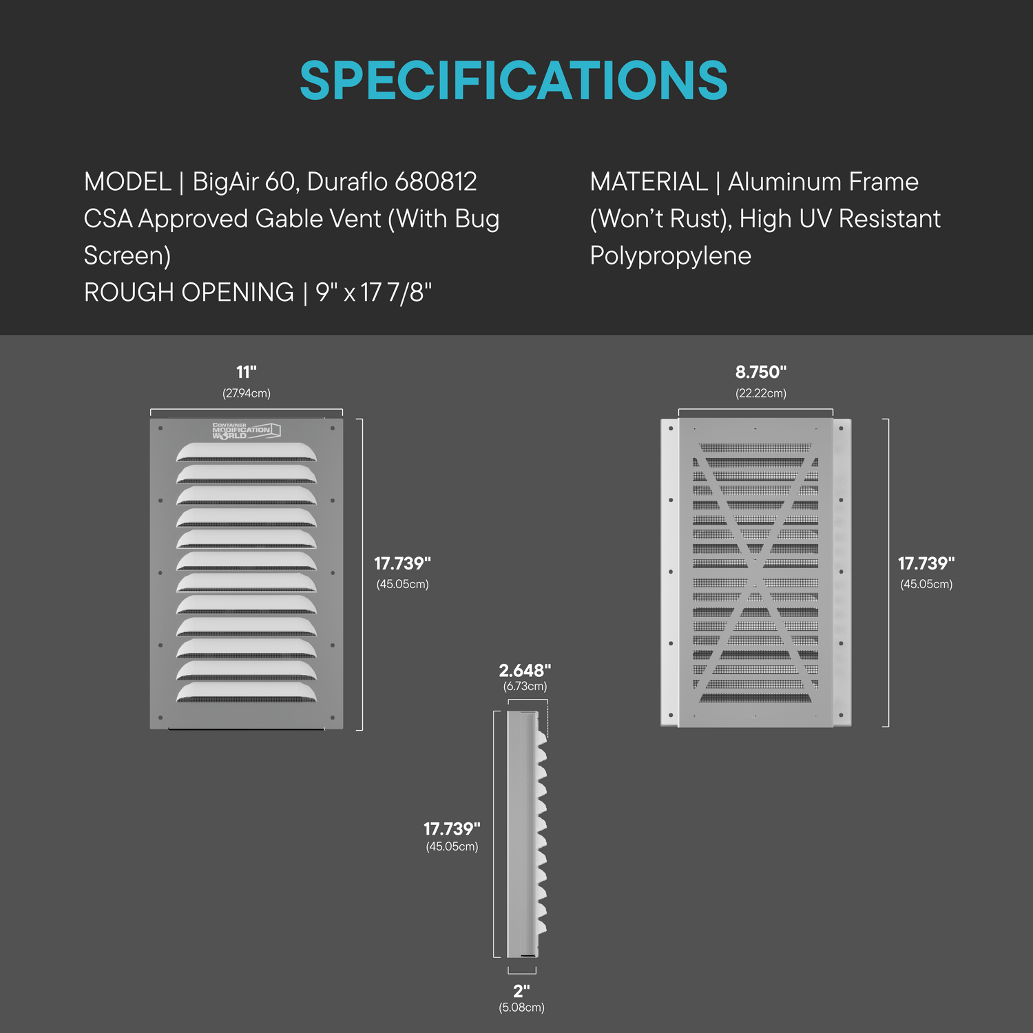 Specifications and dimensions of a BigAir 60 gable vent 