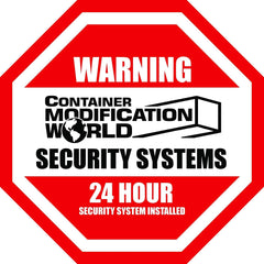 Red and white octagon-shaped "Warning: Container Modification World Security Systems" decal with 24-hour security system notice.