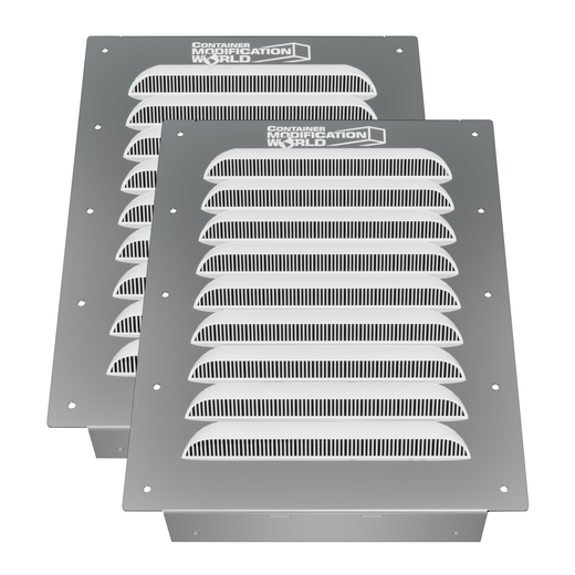 Set of two BigAir Louvered Container Vents with corrosion-resistant aluminum frame, designed for easy installation on shipping container walls, doors, or end panels to improve airflow and reduce heat and moisture