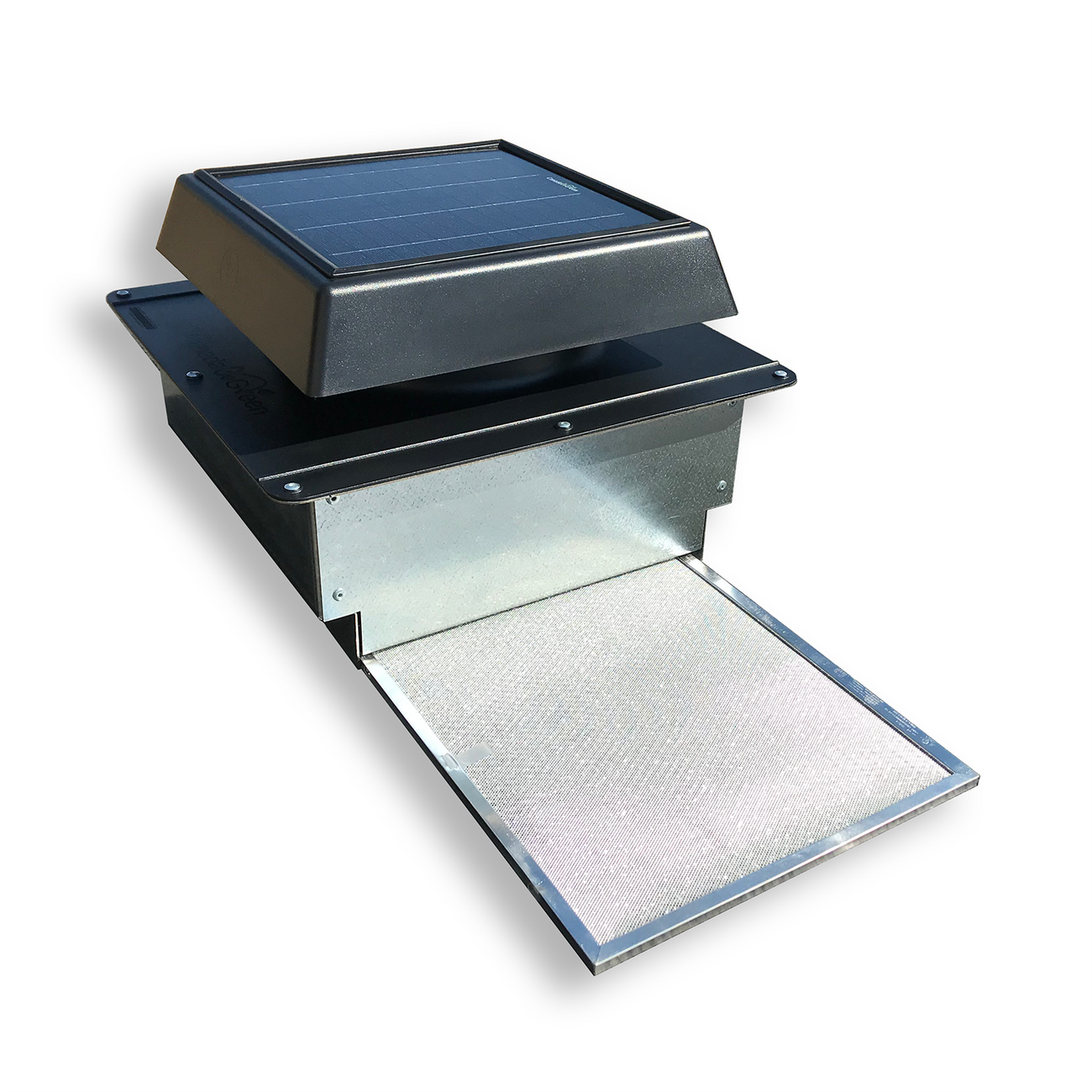 Canada Go Green 4 Seasons Solar Vent with removable aluminum bug screen and metal flashing kit, designed for shipping containers and trailers. Features a 10W monocrystalline solar panel, 400 CFM airflow, anti-UV/freeze ABS-PC construction, and quiet, vibration-free operation