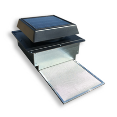 Canada Go Green 4 Seasons Solar Vent with removable aluminum bug screen and metal flashing kit, designed for shipping containers and trailers. Features a 10W monocrystalline solar panel, 400 CFM airflow, anti-UV/freeze ABS-PC construction, and quiet, vibration-free operation