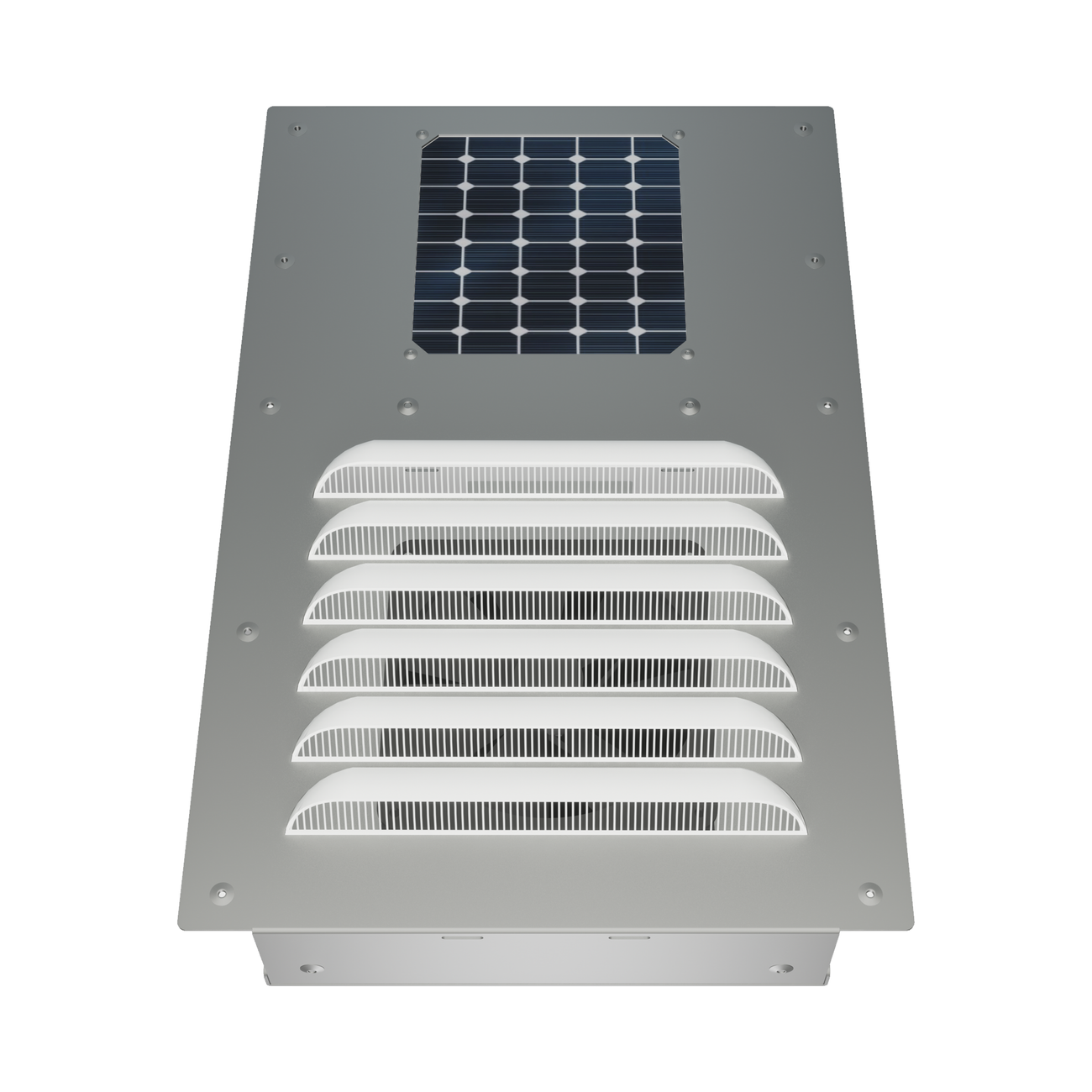 BigAir 57 CFM solar vent with aluminum frame designed for shipping container ventilation, reducing moisture and heat buildup
