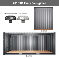 CSM Bracket installation for 20' shipping containers using every corrugation, featuring both black powder coated and galvanized brackets, with sidewall and end wall mounting views