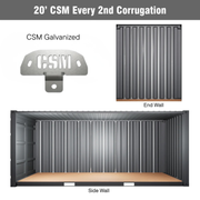 CSM Bracket installation for 20' shipping containers using every 2nd corrugation, with sidewall and end wall views, and black powder coated and galvanized bracket options displayed.