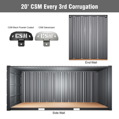 CSM Bracket setup for 20' shipping containers using every 3rd corrugation, showing end wall and side wall mounting configurations with black powder coated and galvanized bracket options.