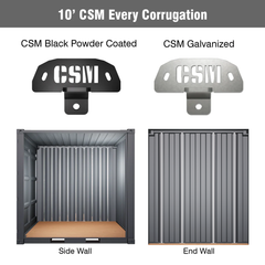 0-foot shipping container with CSM brackets installed on every corrugation. The image shows both black powder coated and galvanized CSM bracket types, with application examples on the container’s side wall and end wall.