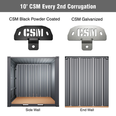 10-foot shipping container showing CSM Brackets installed on every second corrugation. The image displays both black powder coated and galvanized CSM bracket options, with visual installation examples on the container’s side wall and end wall