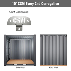 10-foot shipping container showing CSM Brackets installed on every second corrugation. The image displays both black powder coated and galvanized CSM bracket options, with visual installation examples on the container’s side wall and end wall
