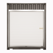 Roll-up door installed on the end wall of a shipping container with galvanized steel framing kit, featuring horizontal panels and a center locking latch