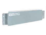 Close-up of steel fork pocket covers for shipping containers, designed to block spray foam from escaping through forklift holes