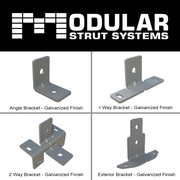 A collection of four different galvanized strut mount brackets from Modular Strut Systems, displayed against a white background.