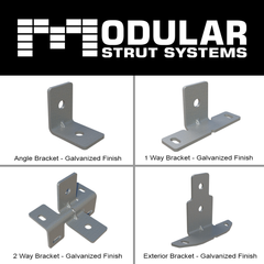 A collection of four different galvanized strut mount brackets from Modular Strut Systems, displayed against a white background.