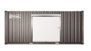 High cube shipping container side view with installed roll-up door framing kit and white roll-up door, featuring 'The Container Guy' logo on the left panel